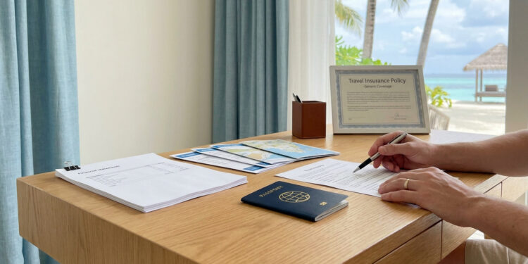 Une personne remplit des documents pour un visa LTR sur un bureau avec un passeport, face à une plage tropicale.