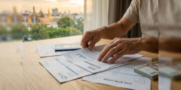 Mains d'un homme examinant des documents bancaires et un formulaire de visa avec une vue sur Bangkok en arrière-plan.