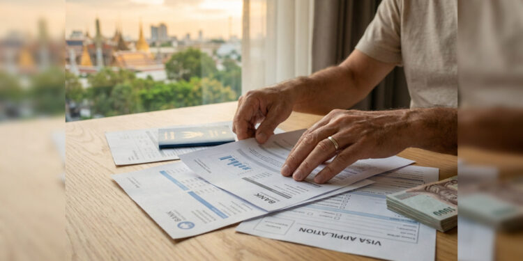 Mains d'un homme examinant des documents bancaires et un formulaire de visa avec une vue sur Bangkok en arrière-plan.