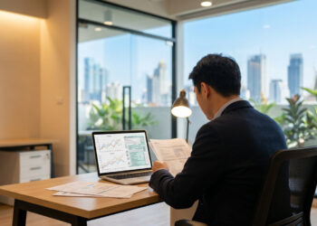 Un homme en costume travaillant sur son ordinateur avec des documents financiers devant un panorama urbain.