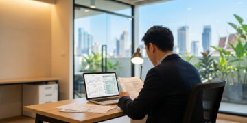 Un homme en costume travaillant sur son ordinateur avec des documents financiers devant un panorama urbain.