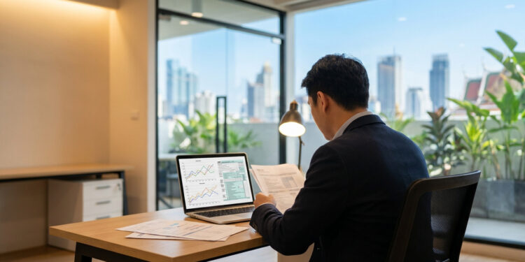 Un homme en costume travaillant sur son ordinateur avec des documents financiers devant un panorama urbain.