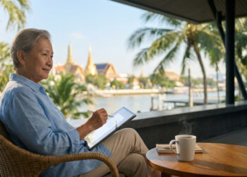 Une personne âgée utilisant une tablette sur une terrasse avec vue sur un temple thaïlandais et une rivière.