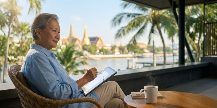 Une personne âgée utilisant une tablette sur une terrasse avec vue sur un temple thaïlandais et une rivière.