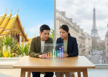 Un couple examine un graphique holographique comparant les coûts entre la Thaïlande et la France.