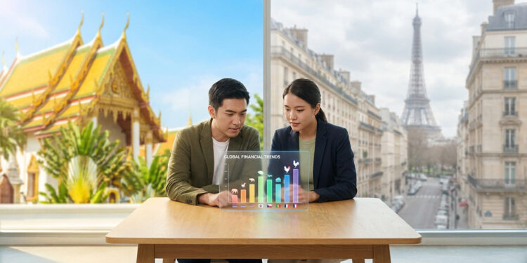 Un couple examine un graphique holographique comparant les coûts entre la Thaïlande et la France.