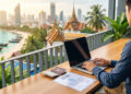 Un freelance travaillant sur son ordinateur avec un permis de travail thaïlandais et un passeport devant une vue sur la mer.