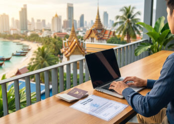 Un freelance travaillant sur son ordinateur avec un permis de travail thaïlandais et un passeport devant une vue sur la mer.