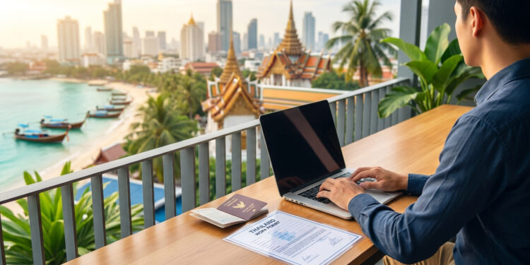Un freelance travaillant sur son ordinateur avec un permis de travail thaïlandais et un passeport devant une vue sur la mer.