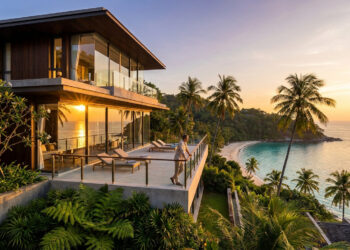 Un homme se tient sur la terrasse d'une villa moderne surplombant une plage tropicale au coucher du soleil à Phuket.
