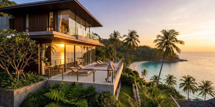 Un homme se tient sur la terrasse d'une villa moderne surplombant une plage tropicale au coucher du soleil à Phuket.