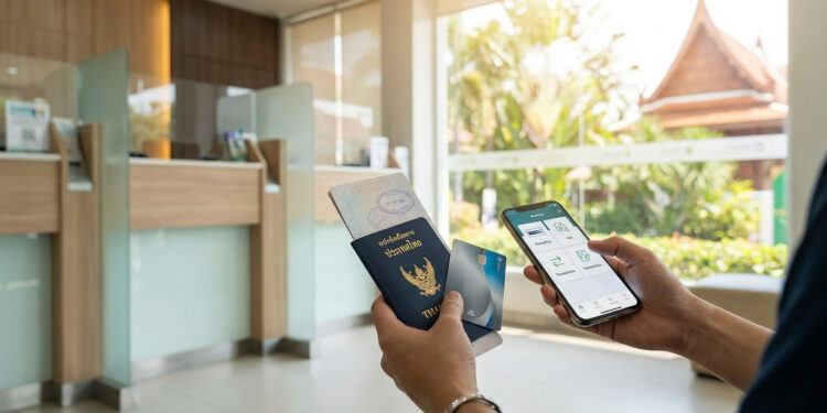 Mains tenant un passeport thaïlandais, une carte bancaire et un smartphone dans une agence bancaire.