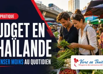 Couple expatrié comparant ses achats sur un marché thaïlandais pour réduire son budget quotidien