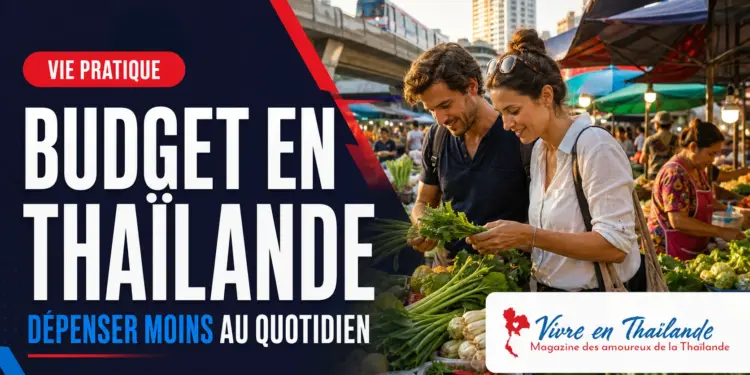 Couple expatrié comparant ses achats sur un marché thaïlandais pour réduire son budget quotidien