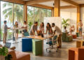 Groupe de professionnels collaborant dans un espace de coworking lumineux avec vue sur la mer à Koh Phangan.