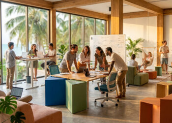Groupe de professionnels collaborant dans un espace de coworking lumineux avec vue sur la mer à Koh Phangan.