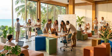 Groupe de professionnels collaborant dans un espace de coworking lumineux avec vue sur la mer à Koh Phangan.