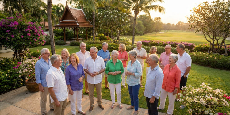 Groupe de retraités souriants discutant dans un jardin tropical luxuriant à Hua Hin lors d'une réception au coucher du soleil.