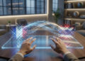Mains interagissant avec des hologrammes des drapeaux français et thaïlandais sur une table de bureau moderne.