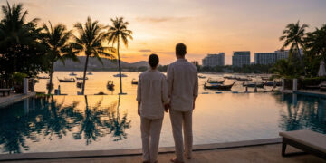 Un couple debout devant une piscine à débordement contemplant un coucher de soleil sur une plage thaïlandaise.