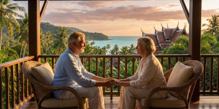 Couple de seniors se tenant la main sur une terrasse en Thaïlande au coucher du soleil avec vue sur la mer.