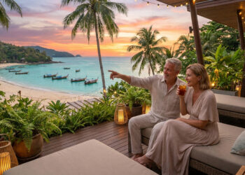 Couple de retraités admirant un coucher de soleil tropical sur une plage thaïlandaise depuis une terrasse luxueuse.