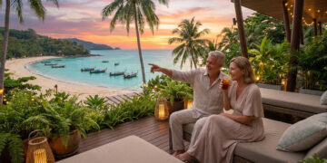 Couple de retraités admirant un coucher de soleil tropical sur une plage thaïlandaise depuis une terrasse luxueuse.