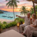 Couple de retraités admirant un coucher de soleil tropical sur une plage thaïlandaise depuis une terrasse luxueuse.