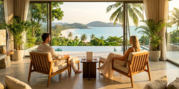 Un couple se relaxe dans une villa de luxe face à une plage paradisiaque en Thaïlande.