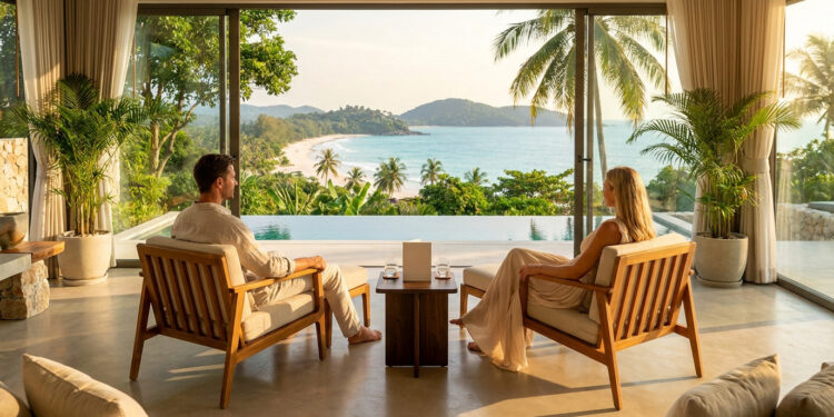 Un couple se relaxe dans une villa de luxe face à une plage paradisiaque en Thaïlande.