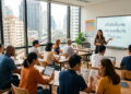 Une enseignante donne un cours de langue thaï à un groupe diversifié d'élèves dans une salle lumineuse à Bangkok.