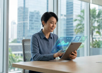 Une femme utilisant une tablette avec des icônes bancaires holographiques dans un bureau moderne.