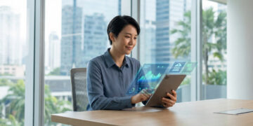 Une femme utilisant une tablette avec des icônes bancaires holographiques dans un bureau moderne.