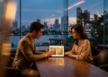 Un couple asiatique discute devant une tablette affichant des cartes Bronze et Gold avec une vue nocturne sur Bangkok.