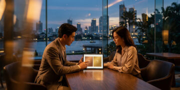 Un couple asiatique discute devant une tablette affichant des cartes Bronze et Gold avec une vue nocturne sur Bangkok.
