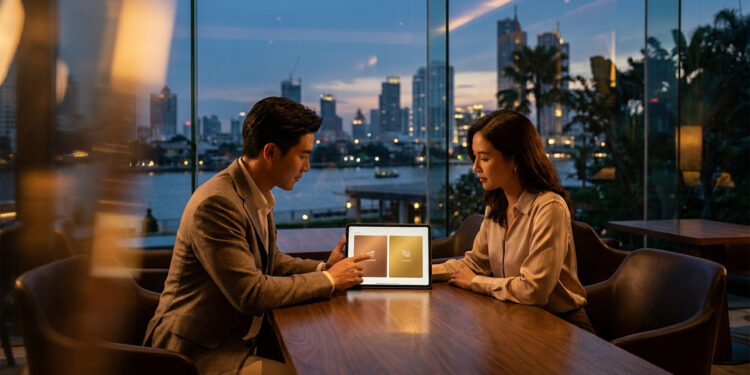 Un couple asiatique discute devant une tablette affichant des cartes Bronze et Gold avec une vue nocturne sur Bangkok.