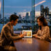Un couple asiatique discute devant une tablette affichant des cartes Bronze et Gold avec une vue nocturne sur Bangkok.