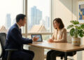 Un recruteur et une candidate en entretien dans un bureau moderne avec vue sur Bangkok.