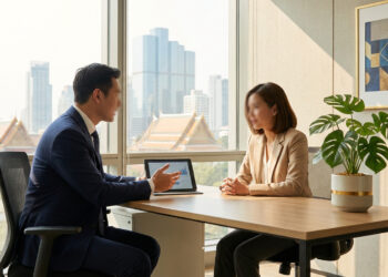 Un recruteur et une candidate en entretien dans un bureau moderne avec vue sur Bangkok.