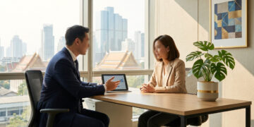 Un recruteur et une candidate en entretien dans un bureau moderne avec vue sur Bangkok.