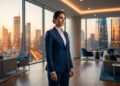 Une femme d'affaires en costume bleu debout dans un bureau de luxe avec une vue imprenable sur une ville au coucher.