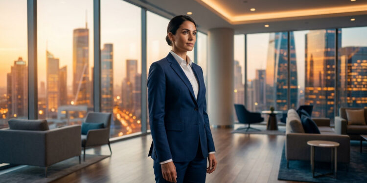 Une femme d'affaires en costume bleu debout dans un bureau de luxe avec une vue imprenable sur une ville au coucher.