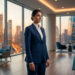 Une femme d'affaires en costume bleu debout dans un bureau de luxe avec une vue imprenable sur une ville au coucher.