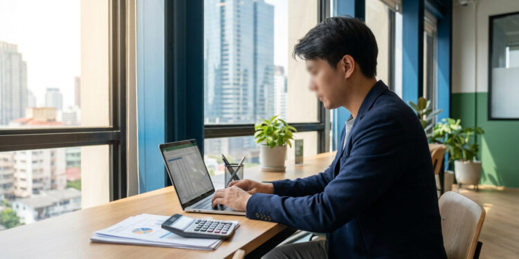 Un homme en costume travaillant sur un ordinateur portable dans un bureau moderne avec vue sur la ville.