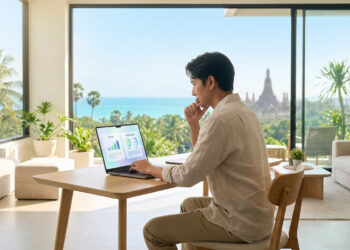 Un homme travaillant sur un ordinateur portable dans un salon moderne avec vue sur la mer et un temple en arrière-plan.