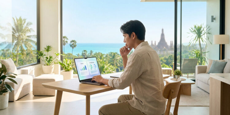 Un homme travaillant sur un ordinateur portable dans un salon moderne avec vue sur la mer et un temple en arrière-plan.