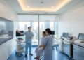 Un médecin en salle de consultation avec des patients, devant une vue panoramique sur les gratte-ciels de Bangkok.