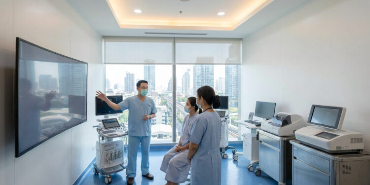 Un médecin en salle de consultation avec des patients, devant une vue panoramique sur les gratte-ciels de Bangkok.