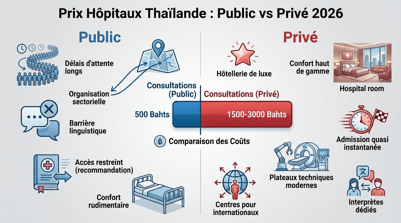 Comparaison visuelle entre un hôpital public et une clinique privée moderne en Thaïlande en 2026