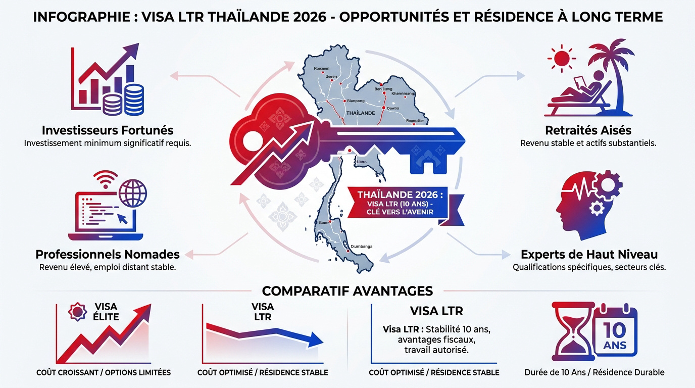 Infographie détaillée sur les conditions et avantages du visa LTR Thaïlande en 2026